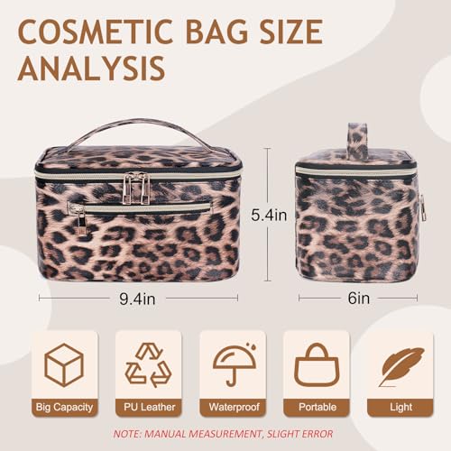 FITINI Travel Leopard Makeup Bag Cosmetic Bag with ZipperLarge Capacity Waterproof Toiletry Organizer Bag for Women Purse With Handle Zipper Brush Pouch - Image 3