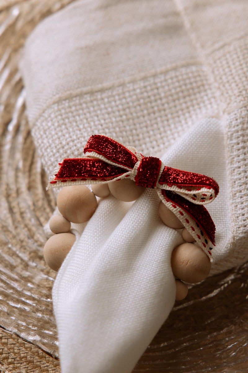 Words Co. Rustic Wooden Bead Napkin Ring & Christmas Ornament - Farmhouse Style with Red Festive Bow - Image 3