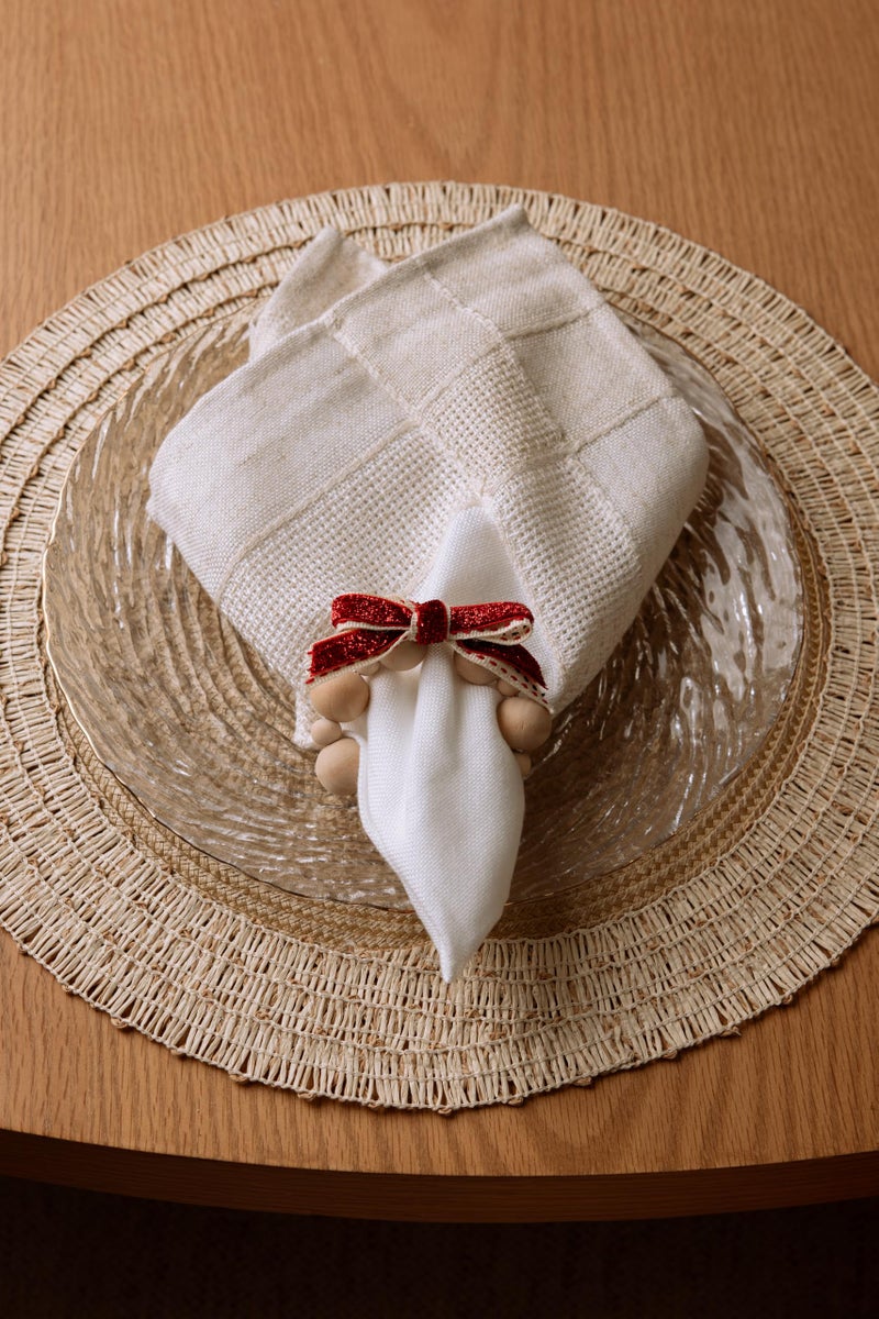 Words Co. Rustic Wooden Bead Napkin Ring & Christmas Ornament - Farmhouse Style with Red Festive Bow - Image 2