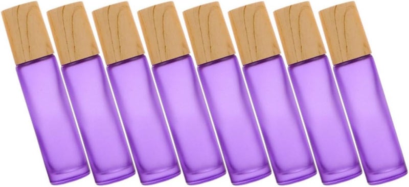UKCOCO 8pcs 10ml Purple Glass Roller Bottles for Essential Oils with Steel Balls and Wood Grain Caps, Refillable Multi-function Roll-on Bottles for Travel and Outdoor Use - Image 1