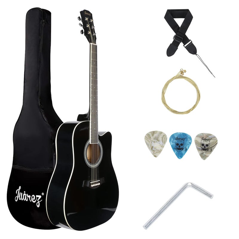 Juarez 41 Inch Acoustic Guitar Kit with Truss Rod, JRB41C/BK Solid Linden Wood, Ziko Strings, Pearl Rosette & Bridge, Die Cast Machine with Picks, Strap, Strings & Bag, Gloss Black - Image 1