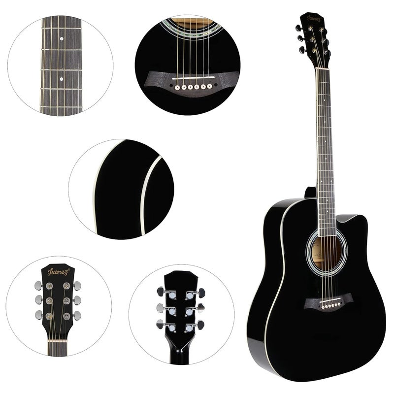 Juarez 41 Inch Acoustic Guitar Kit with Truss Rod, JRB41C/BK Solid Linden Wood, Ziko Strings, Pearl Rosette & Bridge, Die Cast Machine with Picks, Strap, Strings & Bag, Gloss Black - Image 4