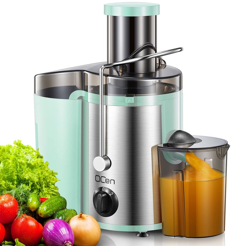 QCen Juicer Machine 500W Centrifugal Juicer Extractor with Wide Mouth 3 Feed Chute for Fruit Vegetable Easy to Clean Stainless Steel BPAfree Aqua