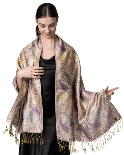Achillea Women’s Paisley Pattern Sparkling Metallic Pashmina Shawl Wrap Scarf Stole (Violet) - Image 1