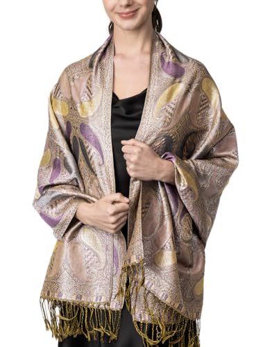 Achillea Women’s Paisley Pattern Sparkling Metallic Pashmina Shawl Wrap Scarf Stole (Violet) - Image 3
