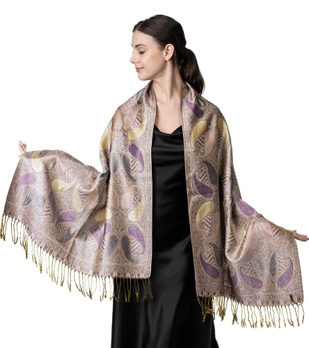 Achillea Women’s Paisley Pattern Sparkling Metallic Pashmina Shawl Wrap Scarf Stole (Violet) - Image 2