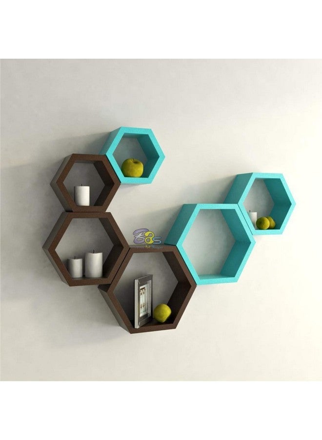 BAS Engineered Wood Decorative Display With Hexagon Shape Set Of 6 Floating Wall Shelves And Racks For Living Room (Brown & Blue) - Image 1