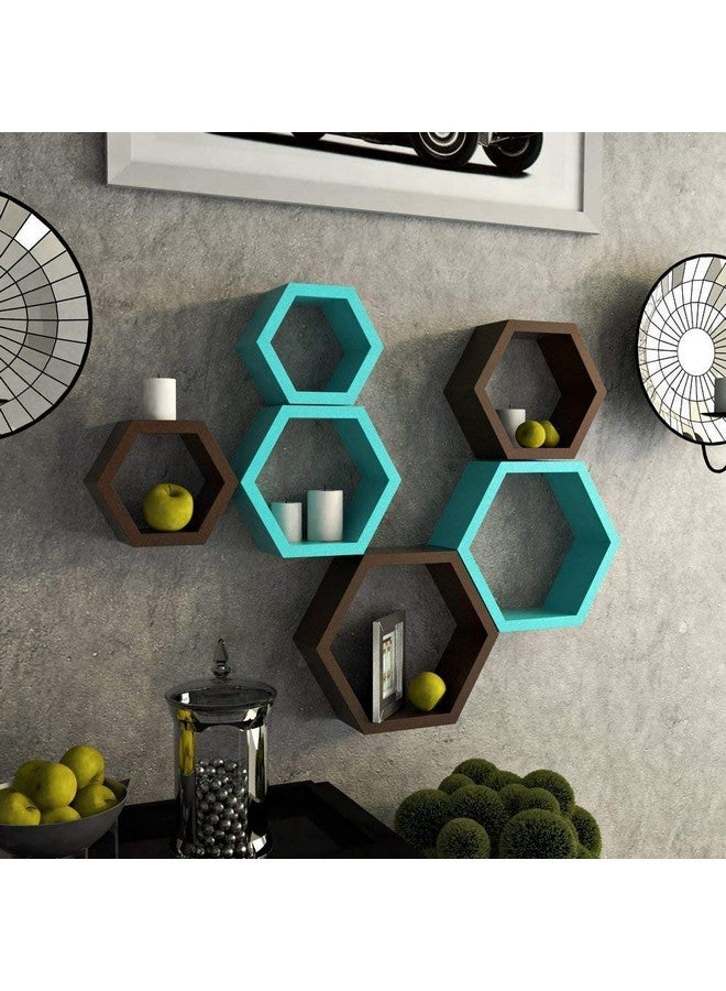 BAS Engineered Wood Decorative Display With Hexagon Shape Set Of 6 Floating Wall Shelves And Racks For Living Room (Brown & Blue) - Image 2