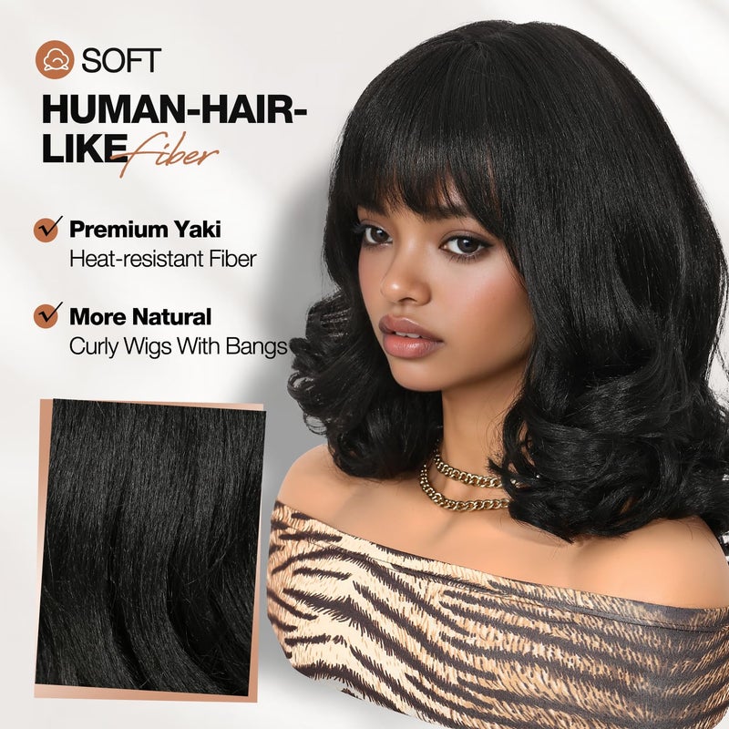 WIGER Yaki Texture Wavy Wig with Bangs for Women Short Shoulder Length Curly Bob Synthetic Wigs Natural Black Wear And Go Wig Glueless Heat Resistant Hair for Daily or Events - Image 3