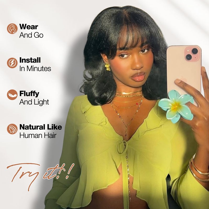 WIGER Yaki Texture Wavy Wig with Bangs for Women Short Shoulder Length Curly Bob Synthetic Wigs Natural Black Wear And Go Wig Glueless Heat Resistant Hair for Daily or Events - Image 4