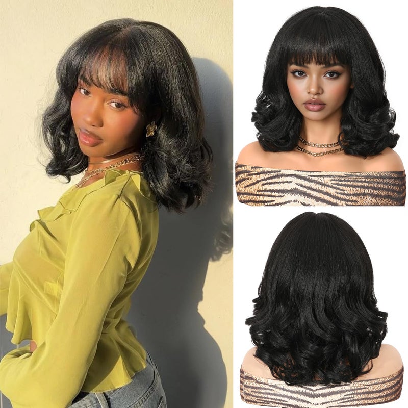 WIGER Yaki Texture Wavy Wig with Bangs for Women Short Shoulder Length Curly Bob Synthetic Wigs Natural Black Wear And Go Wig Glueless Heat Resistant Hair for Daily or Events - Image 1