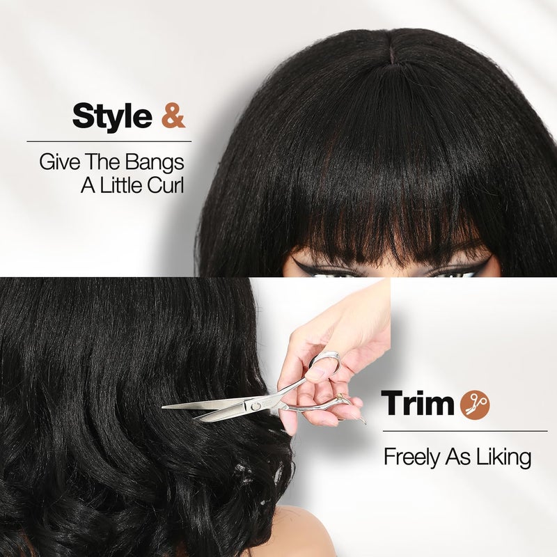 WIGER Yaki Texture Wavy Wig with Bangs for Women Short Shoulder Length Curly Bob Synthetic Wigs Natural Black Wear And Go Wig Glueless Heat Resistant Hair for Daily or Events - Image 5