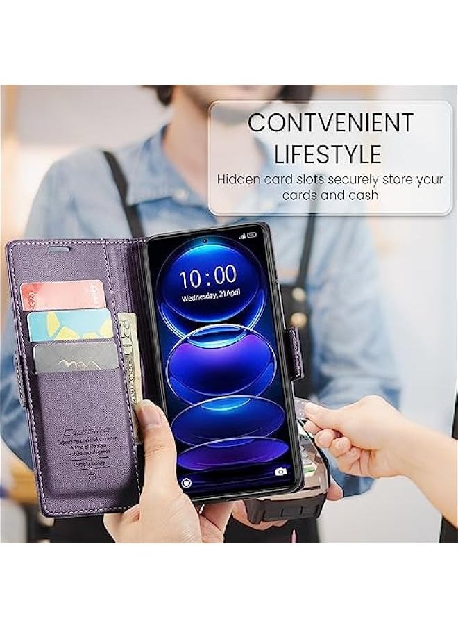 ماركة غير محددة - حافظة جلدية بنفسجية لهاتف Redmi Note 12 Pro 5G\/Poco X5 Pro 5G، تحمي من RFID، غطاء قابل للطي ويمكن وضعه في وضع الوقوف، مغناطيسي وبه فتحات للبطاقات. - Image 1