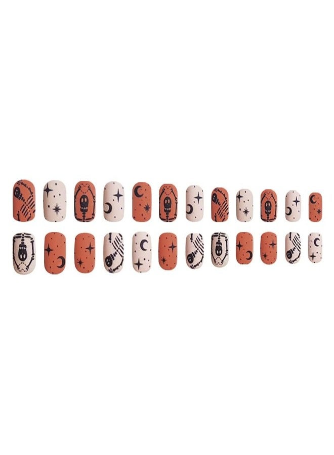HJKDSFD Short Press on Nails Square Fake Nails Halloween Matte Acrylic Nails Heart Skeleton False Nails with Star Moon Designs Full Cover Glue on Nails Reusable Artificial Nails for Women Girls 24PCS - Image 4