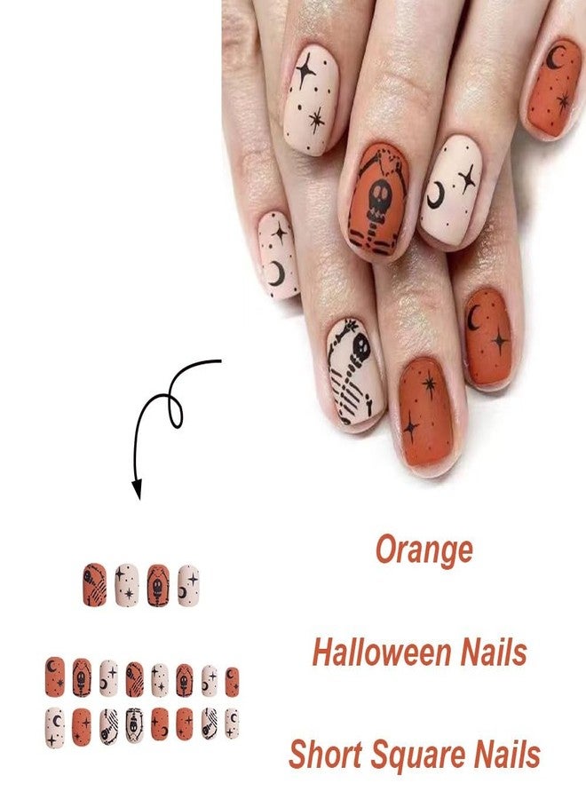 HJKDSFD Short Press on Nails Square Fake Nails Halloween Matte Acrylic Nails Heart Skeleton False Nails with Star Moon Designs Full Cover Glue on Nails Reusable Artificial Nails for Women Girls 24PCS - Image 2