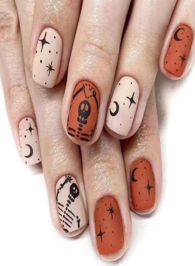HJKDSFD Short Press on Nails Square Fake Nails Halloween Matte Acrylic Nails Heart Skeleton False Nails with Star Moon Designs Full Cover Glue on Nails Reusable Artificial Nails for Women Girls 24PCS - Image 1