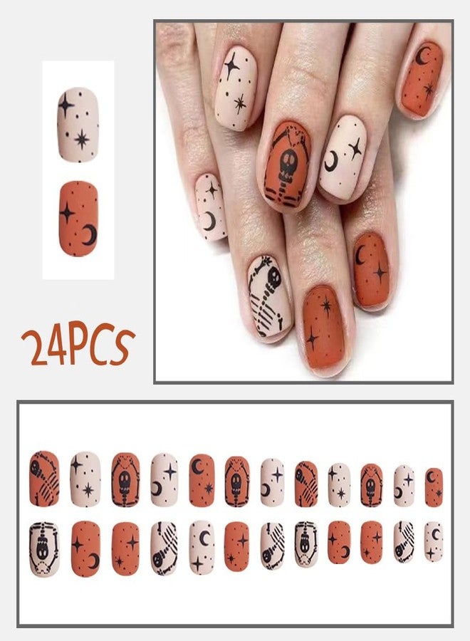 HJKDSFD Short Press on Nails Square Fake Nails Halloween Matte Acrylic Nails Heart Skeleton False Nails with Star Moon Designs Full Cover Glue on Nails Reusable Artificial Nails for Women Girls 24PCS - Image 3