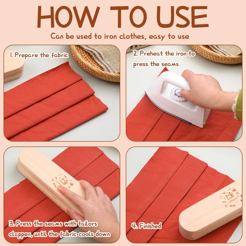 Fteven Tailors Clapper Wooden Clapper for Quilting, Professional Hardwood Clapper Sewing Tool for Quilting and Ironing, Multipurpose Quilters Pressing Tools for Wrinkle Sewing, Fabric Folds - Image 4