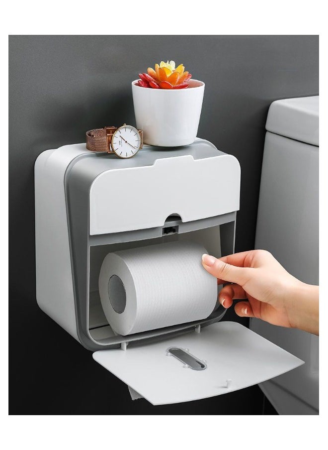 Haidue Wall-Mounted Waterproof Toilet Paper Holder with Storage Shelf, Adhesive Installation, Transparent Roll Dispenser, Perforation-Free Bathroom Tissue Box  - Image 3