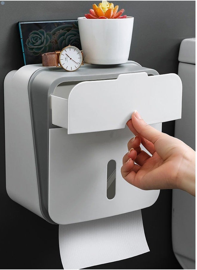 Haidue Wall-Mounted Waterproof Toilet Paper Holder with Storage Shelf, Adhesive Installation, Transparent Roll Dispenser, Perforation-Free Bathroom Tissue Box  - Image 2