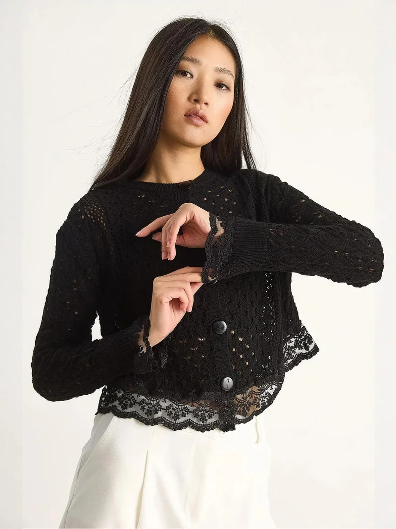 Bianco Lucci LUCCI Lace Detailed Buttoned Knit Cardigan
