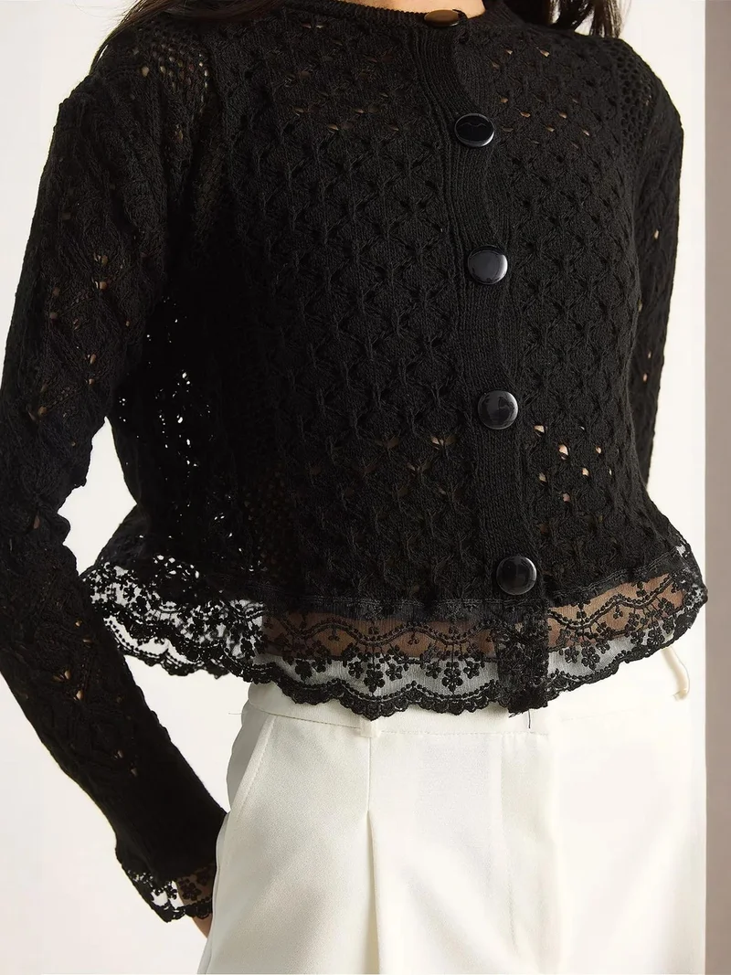 Bianco Lucci Black LUCCI Lace Detailed Buttoned Knit Cardigan for Women | Best Price UAE