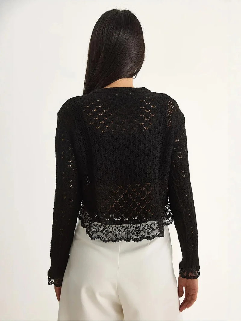 Bianco Lucci Black LUCCI Lace Detailed Buttoned Knit Cardigan for Women | Best Price UAE