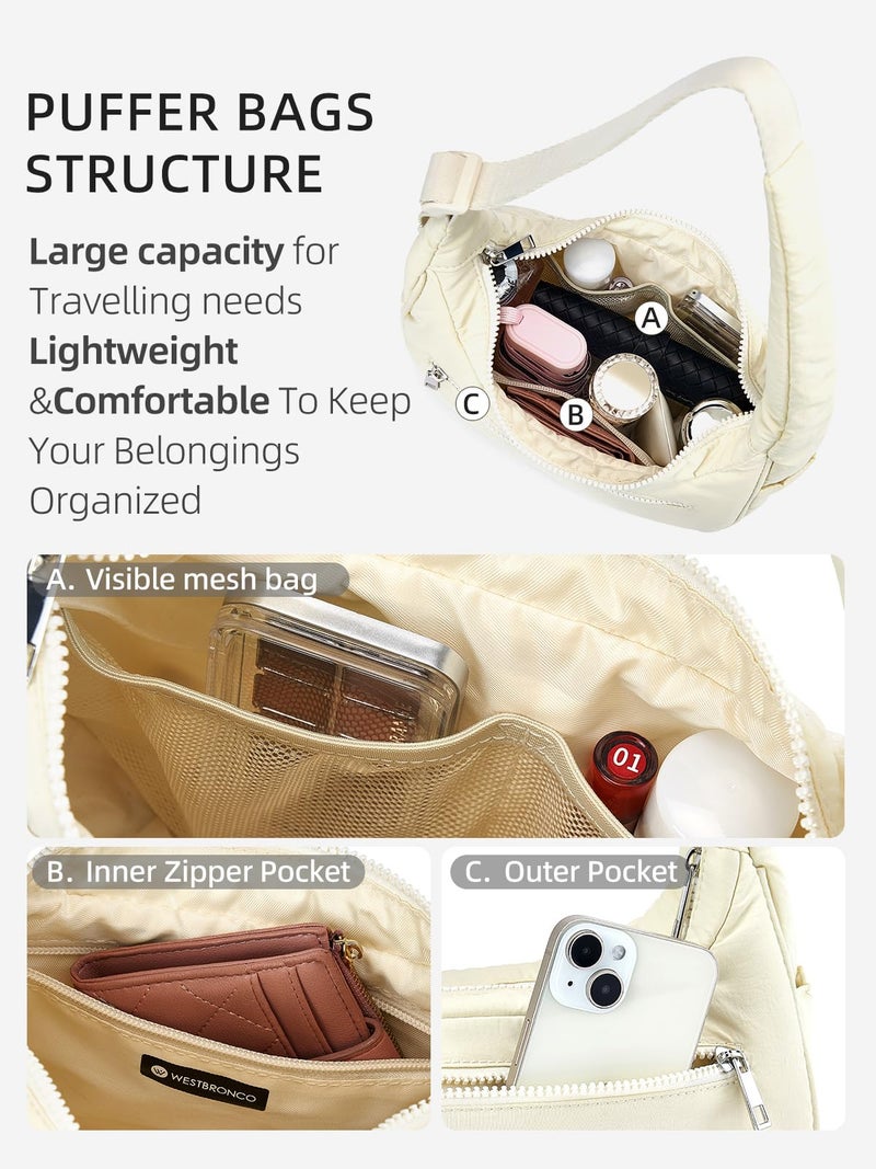 WESTBRONCO Small Puffer Crescent Shoulder Bag for Women, Nylon Quilted Shoulder Purses, Puffy Handbags with Adjustable Strap - Image 4
