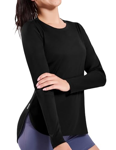 MIER Womens UPF 50+ UV Sun Shirts SPF Long Sleeve Workout Running T-Shirt Dry Fit Outdoor Athletic Gym Tops, Black, M - Image 1