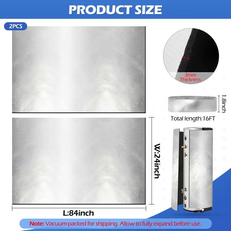 YIBOBO 2Pcs Upgraded Water Heater Insulation Blanket,Pre-Oxidized Fiber Technology for Energy Saving, Soft Tight Fit Easy to Cut & Install, Includes16FT Foil Tape, Fits 40-80 Gallon Tanks (84"x24") - Image 2
