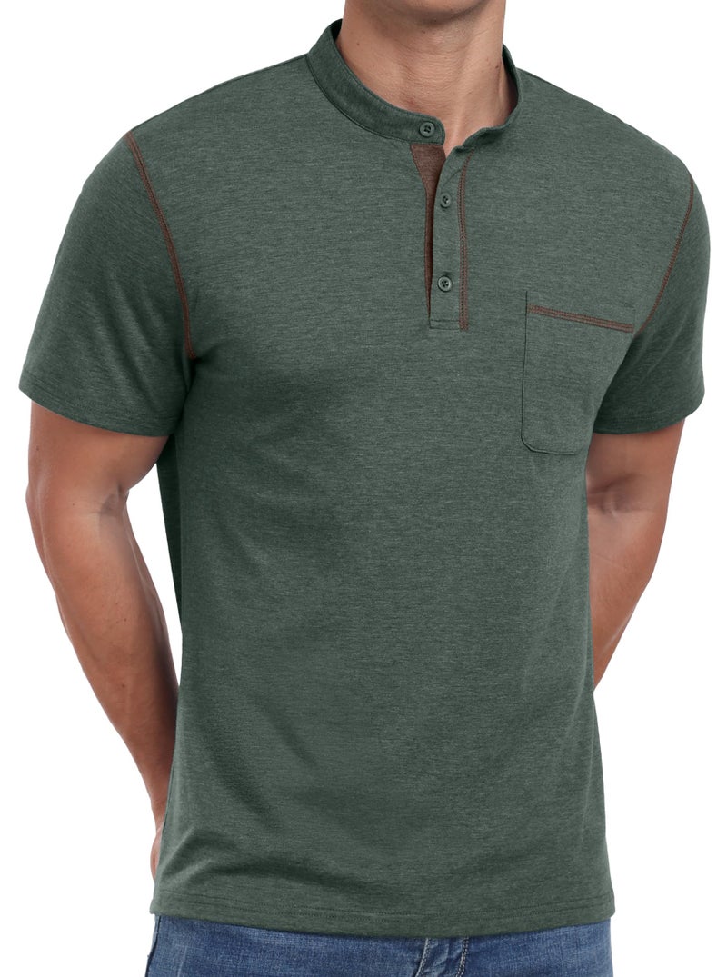 Sailwind Mens Henley Shirts Short Sleeve Summer Casual Classic Cotton T Shirts Pocket Button Shirt Green - Image 3