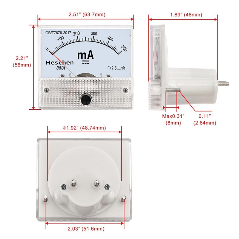 Heschen 85C1-500mA مقياس تيار مستطيل مثبت على اللوحة مقياس أمبير DC 0-500 mA فئة 2.5 أبيض - Image 2