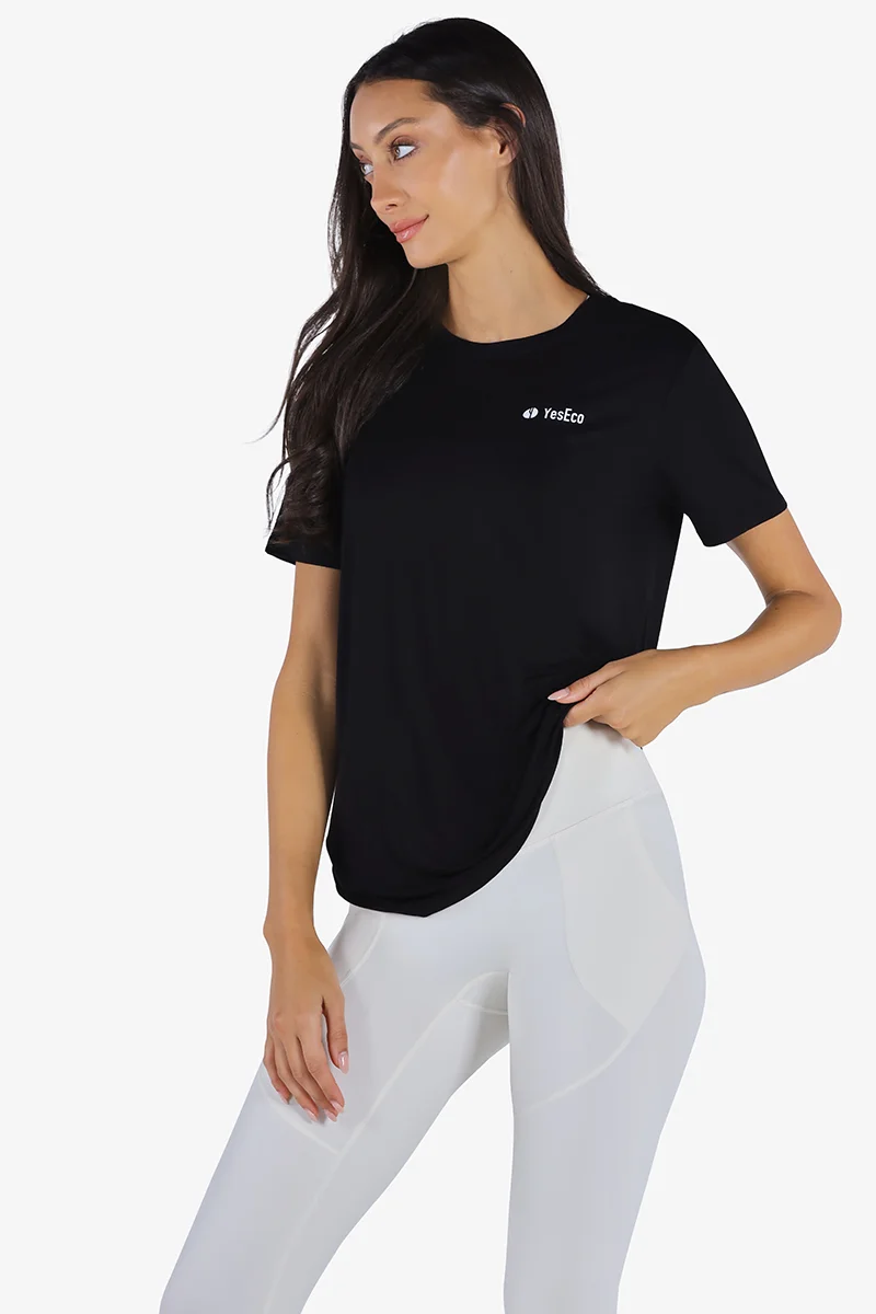 YesEco YesEco Women’s Black Round Neck T-Shirt – Bamboo Viscose Activewear Top – All-Season Gym, Yoga, Sports & Casual Wear – Sustainable & Stretchable