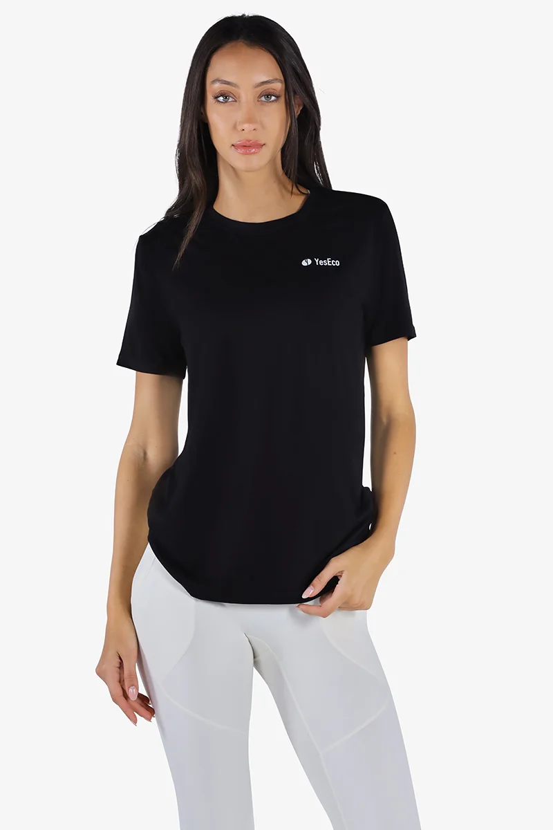 YesEco YesEco Women’s Black Round Neck T-Shirt – Bamboo Viscose Activewear Top – All-Season Gym, Yoga, Sports & Casual Wear – Sustainable & Stretchable
