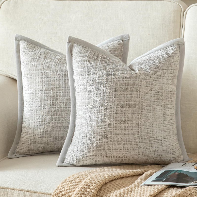 Yaertun Pack of 2 Chenille Textured Decorative Throw Pillow Covers Accent Solid Cushion Cover Soft Cozy Pillow Case with Velvet Back for Couch Sofa Bed Living Room 20x20 Inch Pearl Grey - Image 1
