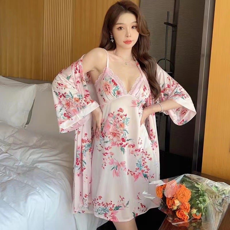 Sensual Womens Summer 2023 Ice Silk Sleepwear Set023 two-piece light powder 023 two-piece light powder 