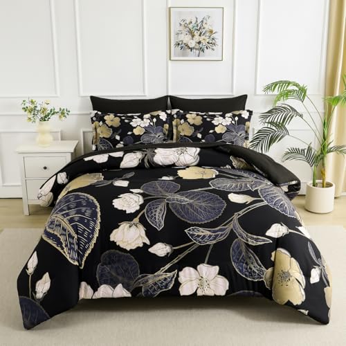 Yogeneg Yogeneg 7 Piece Bed in a Bag King Size Comforter Set Black Bedding SetPink Gold Floral Leaves Printed on Reversible DesignSoft Microfiber Comforter with Sheet SetAll SeasonBlack PinkKing