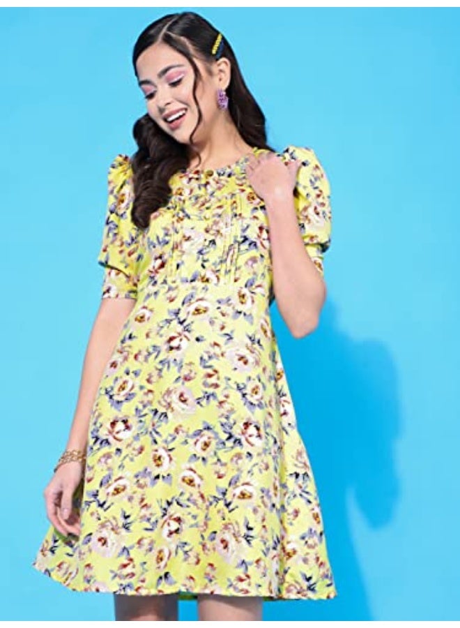 Oomph! Women's Western & Fusion wear Below Knee Shift Yellow Dress in Crepe Fabric with Round Neck and Puff Sleeves - md621s - Image 2