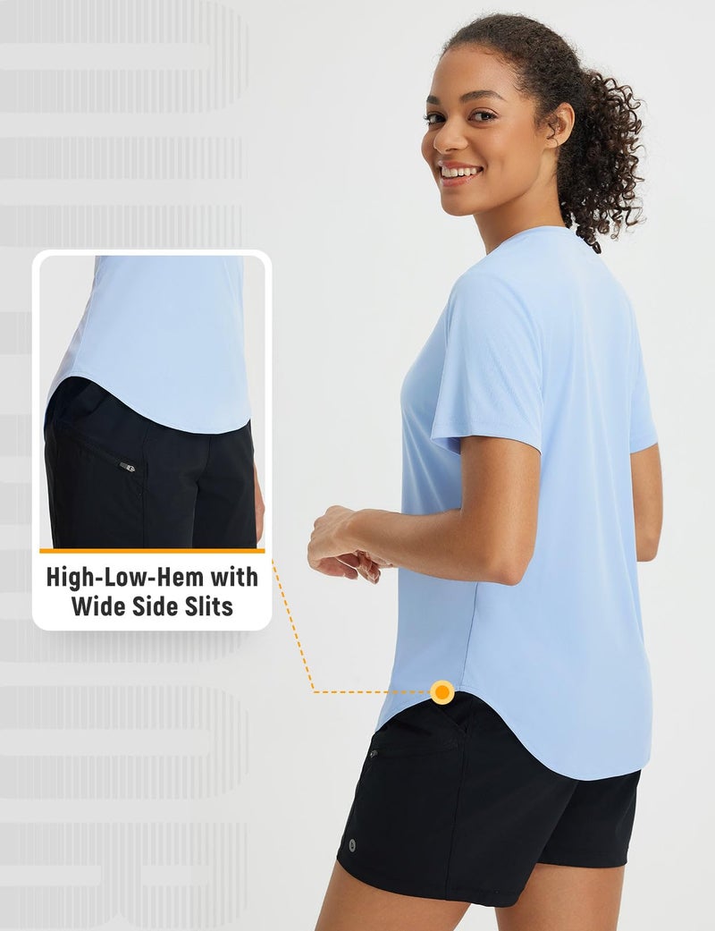 baleaf Women's Short Sleeve Shirts UPF 50+ Sun Shirt V Neck UV Protection Workout Moisture Wicking Quick Dry Lightweight Light Blue L - Image 4