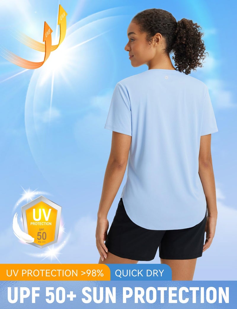 baleaf Women's Short Sleeve Shirts UPF 50+ Sun Shirt V Neck UV Protection Workout Moisture Wicking Quick Dry Lightweight Light Blue L - Image 2