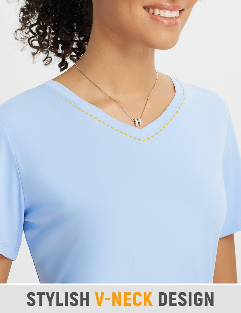 baleaf Women's Short Sleeve Shirts UPF 50+ Sun Shirt V Neck UV Protection Workout Moisture Wicking Quick Dry Lightweight Light Blue L - Image 3