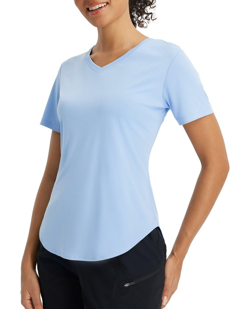 baleaf Women's Short Sleeve Shirts UPF 50+ Sun Shirt V Neck UV Protection Workout Moisture Wicking Quick Dry Lightweight Light Blue L - Image 1