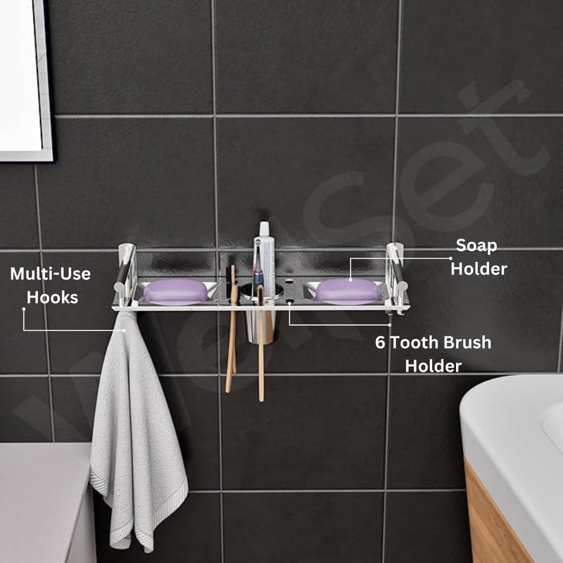 Well Set Stainless Steel Bathroom Wall Shelf (X-Small) | Single Layer Rack with Dual Soap Dish, Toothbrush & Tumbler Holder, Towel Hook | Rust-Free Multipurpose Organizer (Silver) - Image 3