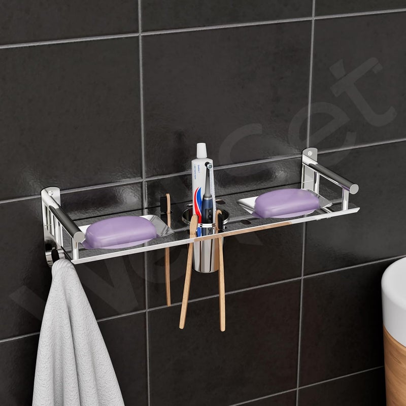Well Set Stainless Steel Bathroom Wall Shelf (X-Small) | Single Layer Rack with Dual Soap Dish, Toothbrush & Tumbler Holder, Towel Hook | Rust-Free Multipurpose Organizer (Silver) - Image 1