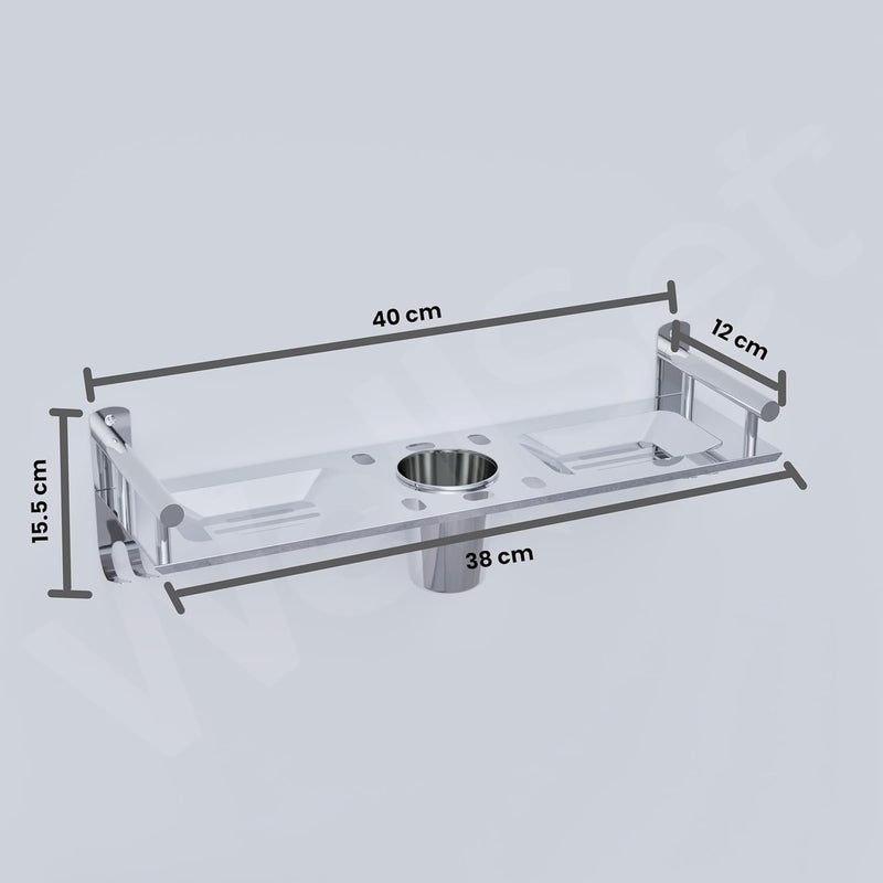 Well Set Stainless Steel Bathroom Wall Shelf (X-Small) | Single Layer Rack with Dual Soap Dish, Toothbrush & Tumbler Holder, Towel Hook | Rust-Free Multipurpose Organizer (Silver) - Image 2