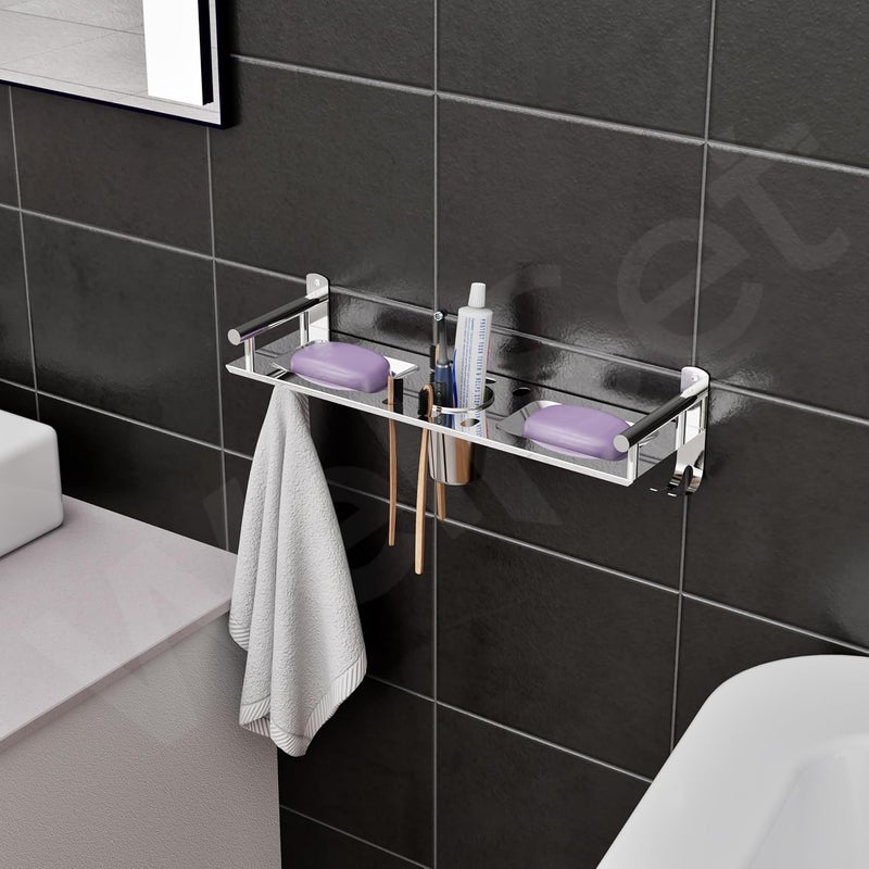 Well Set Stainless Steel Bathroom Wall Shelf (X-Small) | Single Layer Rack with Dual Soap Dish, Toothbrush & Tumbler Holder, Towel Hook | Rust-Free Multipurpose Organizer (Silver) - Image 4