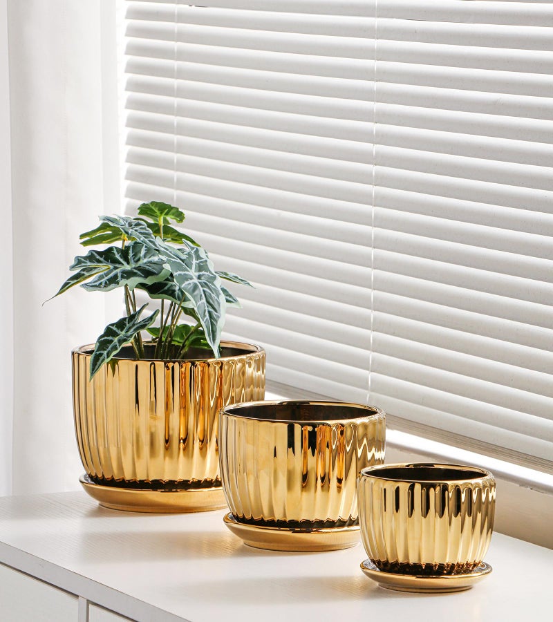 Ton Sin Gold Plant Pots,4.1+5.1+6.5 Inch Ceramic Succulent Planters Set of 3 Mini Indoor Flower Pot with Drainage,Handmade Decorative Ceramic Orchid and Herb Pots(Gold) - Image 5