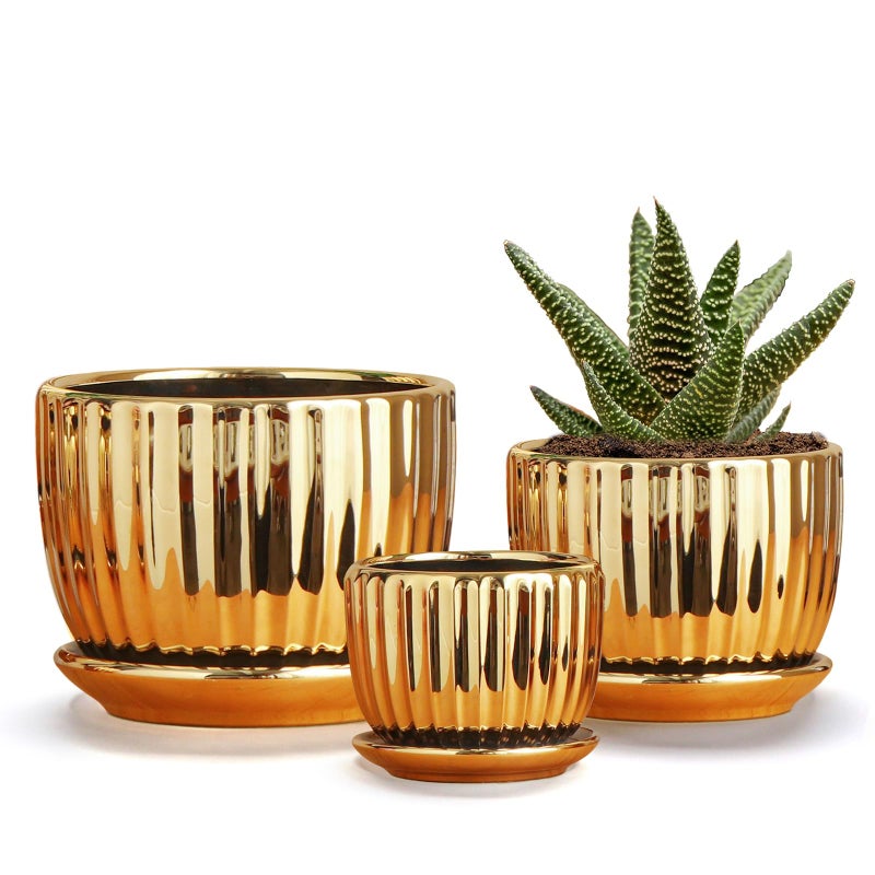 Ton Sin Gold Plant Pots,4.1+5.1+6.5 Inch Ceramic Succulent Planters Set of 3 Mini Indoor Flower Pot with Drainage,Handmade Decorative Ceramic Orchid and Herb Pots(Gold) - Image 1