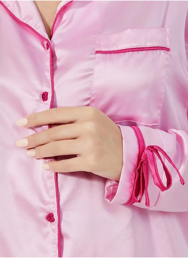 Styli Solid Contrast Edge Shirt & Pants Pyjama Set