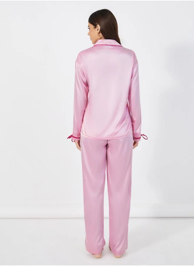 Styli Solid Contrast Edge Shirt & Pants Pyjama Set